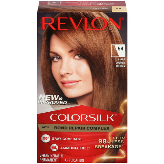 Revlon 54 Light Golden Brown vegan keratin permanent hair color tube, shown with packaging and color swatch.