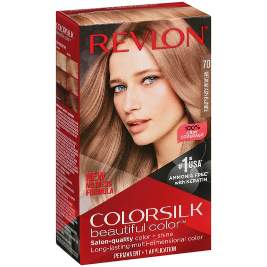 Revlon Colorsilk Beautiful Color Medium Ash Blonde 70 permanent hair color box, showcasing the product packaging and color shade