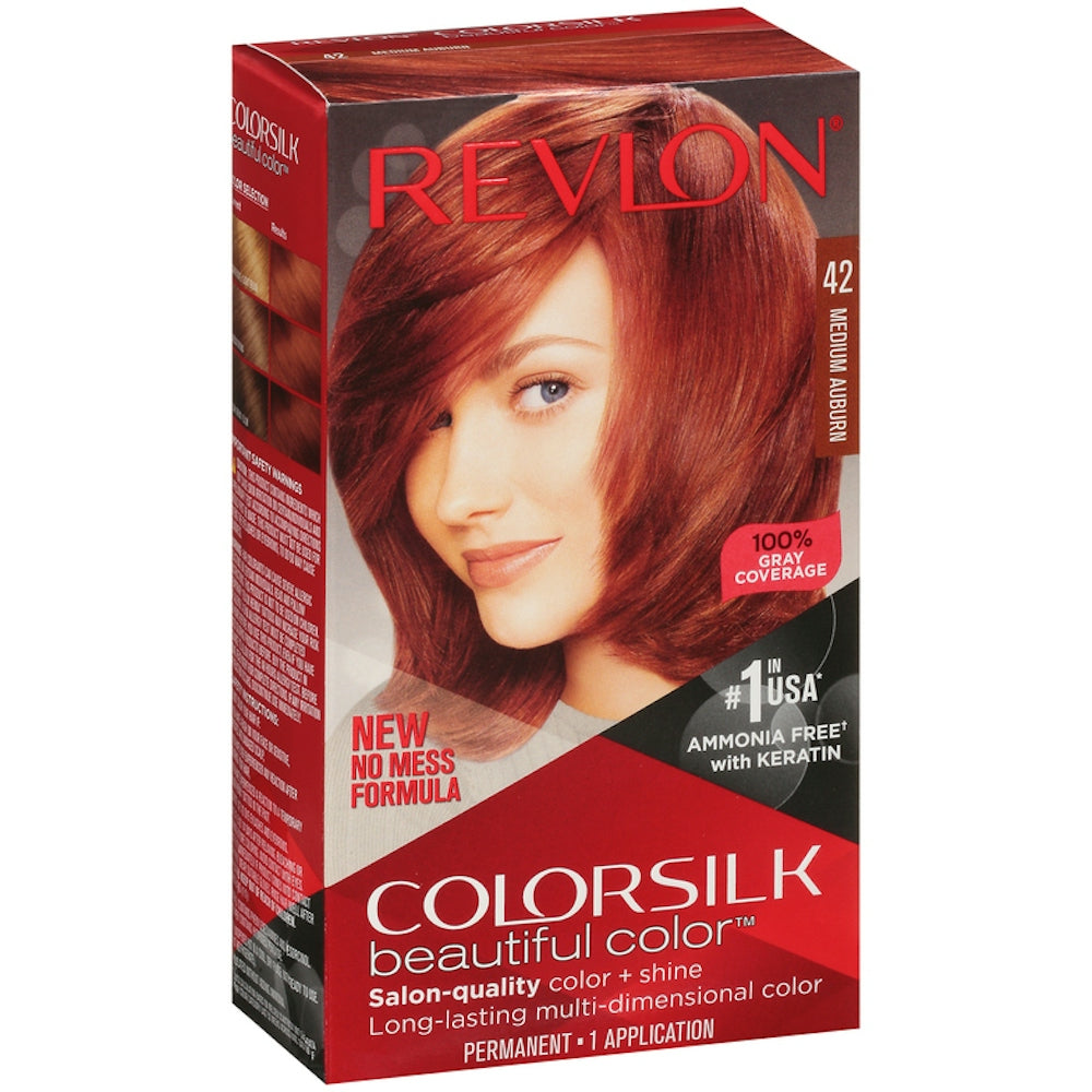 Revlon Colorsilk Beautiful Color Medium Auburn 42 permanent hair color in a box, showing the hair dye container and color swatch.