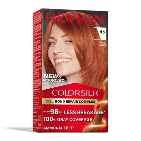 Revlon Colorsilk Bright Auburn permanent hair color tube, showcasing vibrant red-orange shade for natural-looking hair coloring.