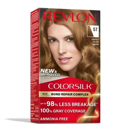 Revlon Colorsilk Beautiful Color permanent hair dye in shade 57 Lightest Golden Brown, showing the hair color and packaging.