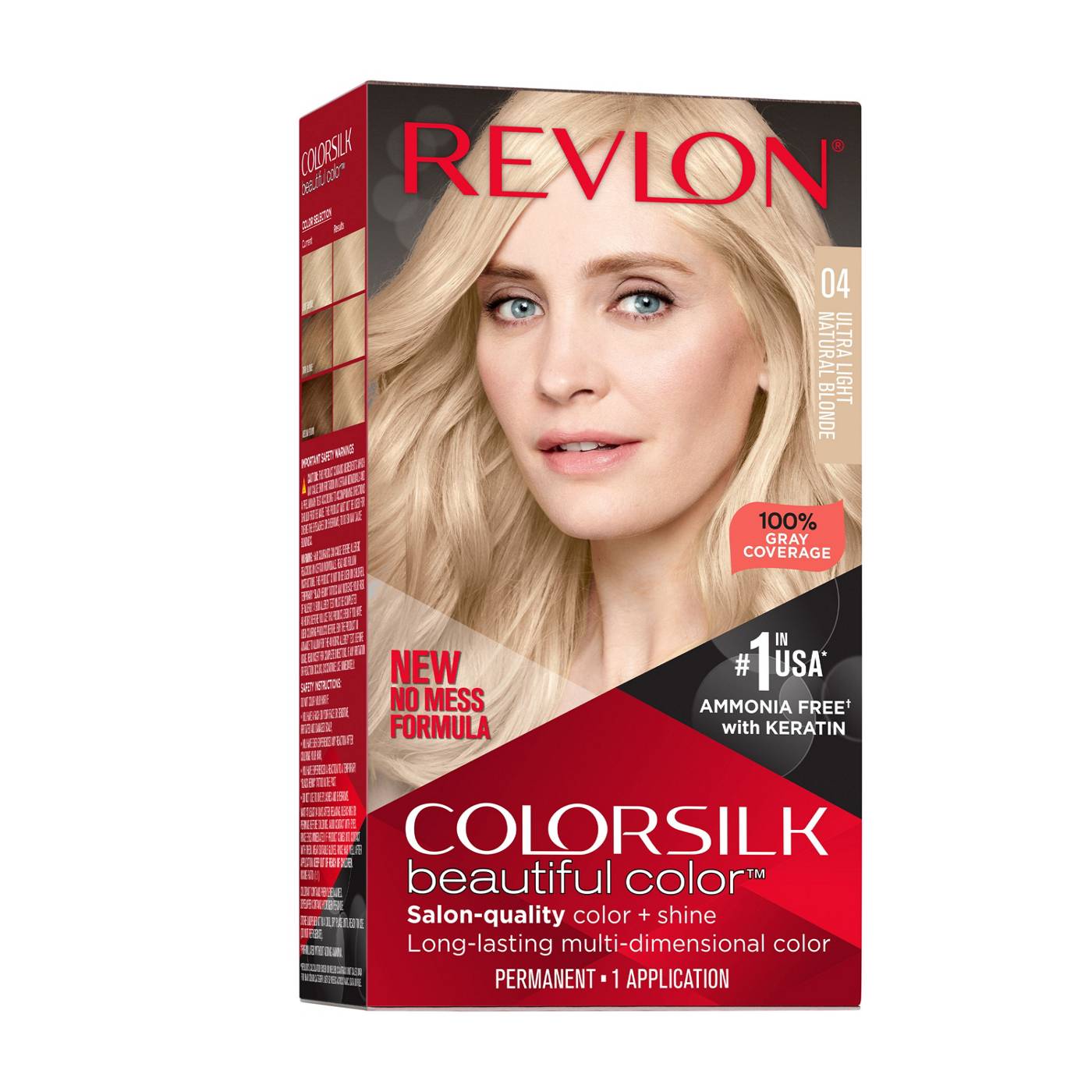 Revlon Colorsilk Permanent Hair Color in Ultra Light Natural Blonde, 4.4 oz, showing the hair dye bottle and color swatch