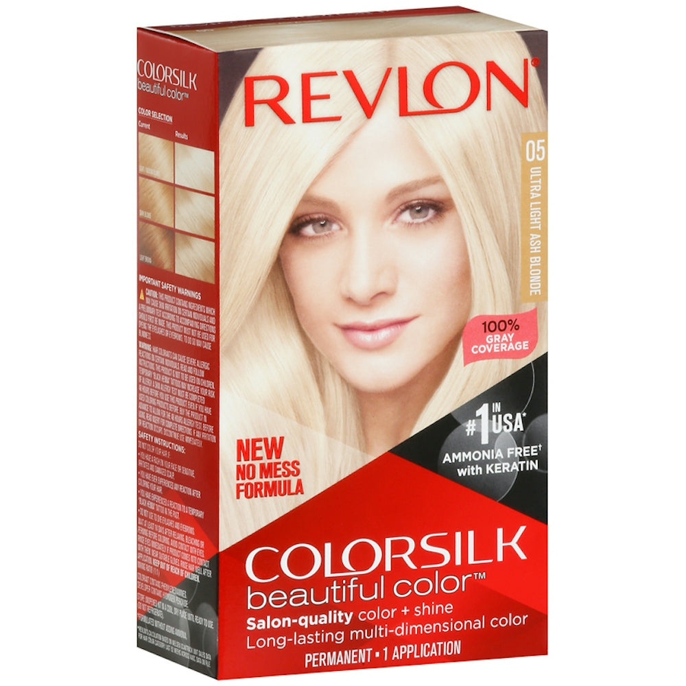 Revlon ColorSilk Beautiful Color Ultra Light Ash Blonde hair dye bottle with product label and color swatch.