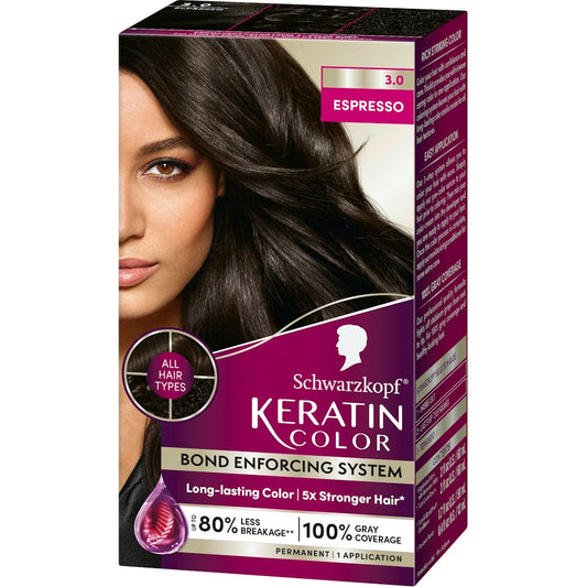 Schwarzkopf Keratin Color permanent hair dye in Espresso 3.0, showcasing rich dark brown hair color in a tube.