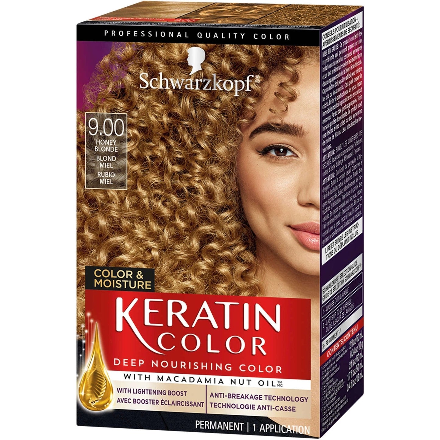 Schwarzkopf Keratin Permanent Hair Color in Midnight Black, 2.08 Fl Oz, showing the hair dye bottle with black color and keratin label