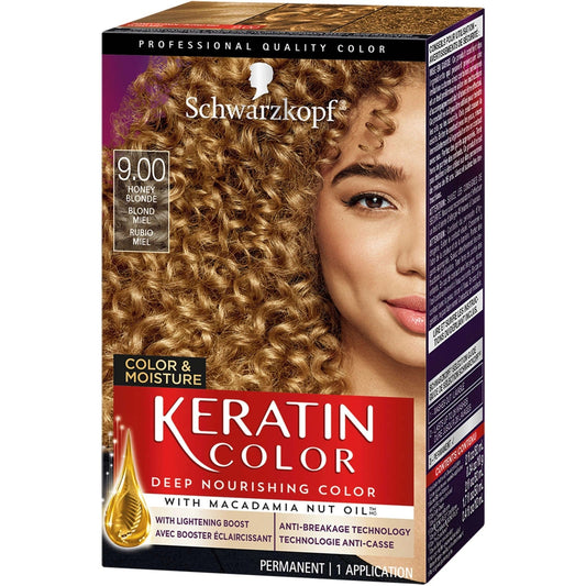 Schwarzkopf Keratin Permanent Hair Color in Midnight Black, 2.08 Fl Oz, showing the hair dye bottle with black color and keratin label