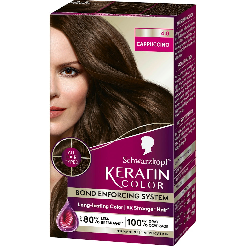 Schwarzkopf Onyx Keratin Hair Color Kit in Cappuccino showing the hair dye box with product branding and color details