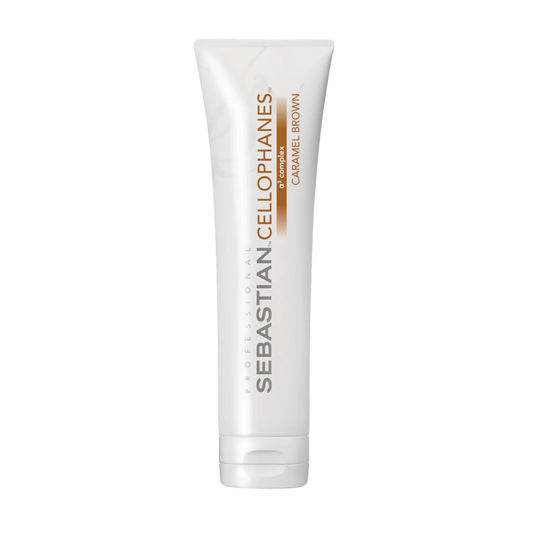 Sebastian Professional Cellophanes caramel brown hair color in a 10.2 oz bottle, showcasing glossy, rich brown shade.