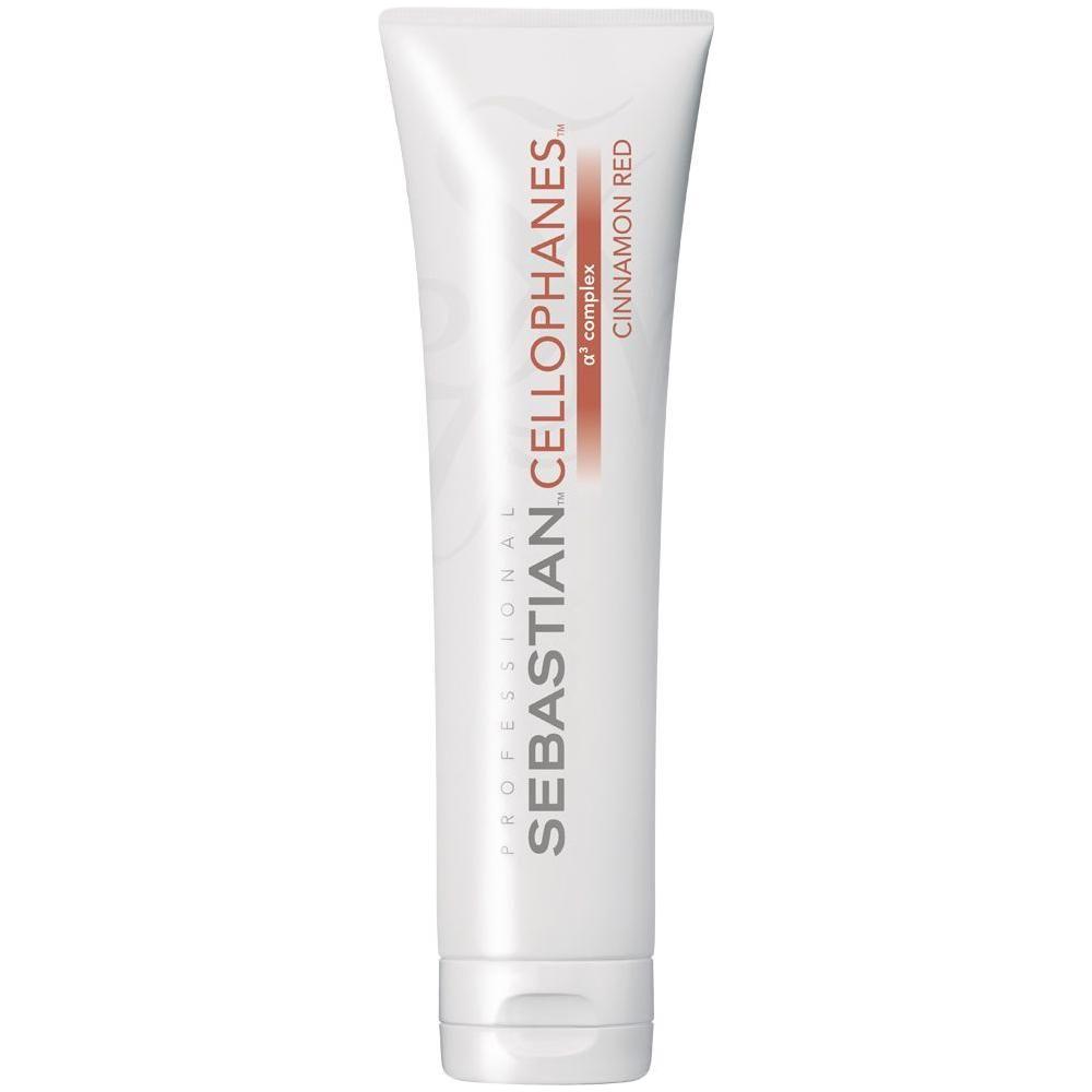 Sebastian Professional Cellophanes Cinnamon Red hair color in a 10.2 oz bottle, showing vibrant red shade and product packaging.