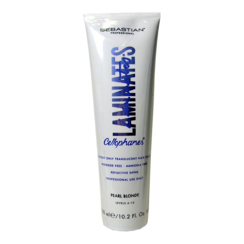 Sebastian Professional Cellophanes Pearl Blonde hair color in 10.2 oz bottle, showcasing shiny, blonde hair with a pearl tone