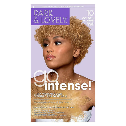 Dark and Lovely Go Intense Golden Blonde 10 permanent hair color by Soft-Sheen Carson, showing the vibrant blonde shade in the tube.