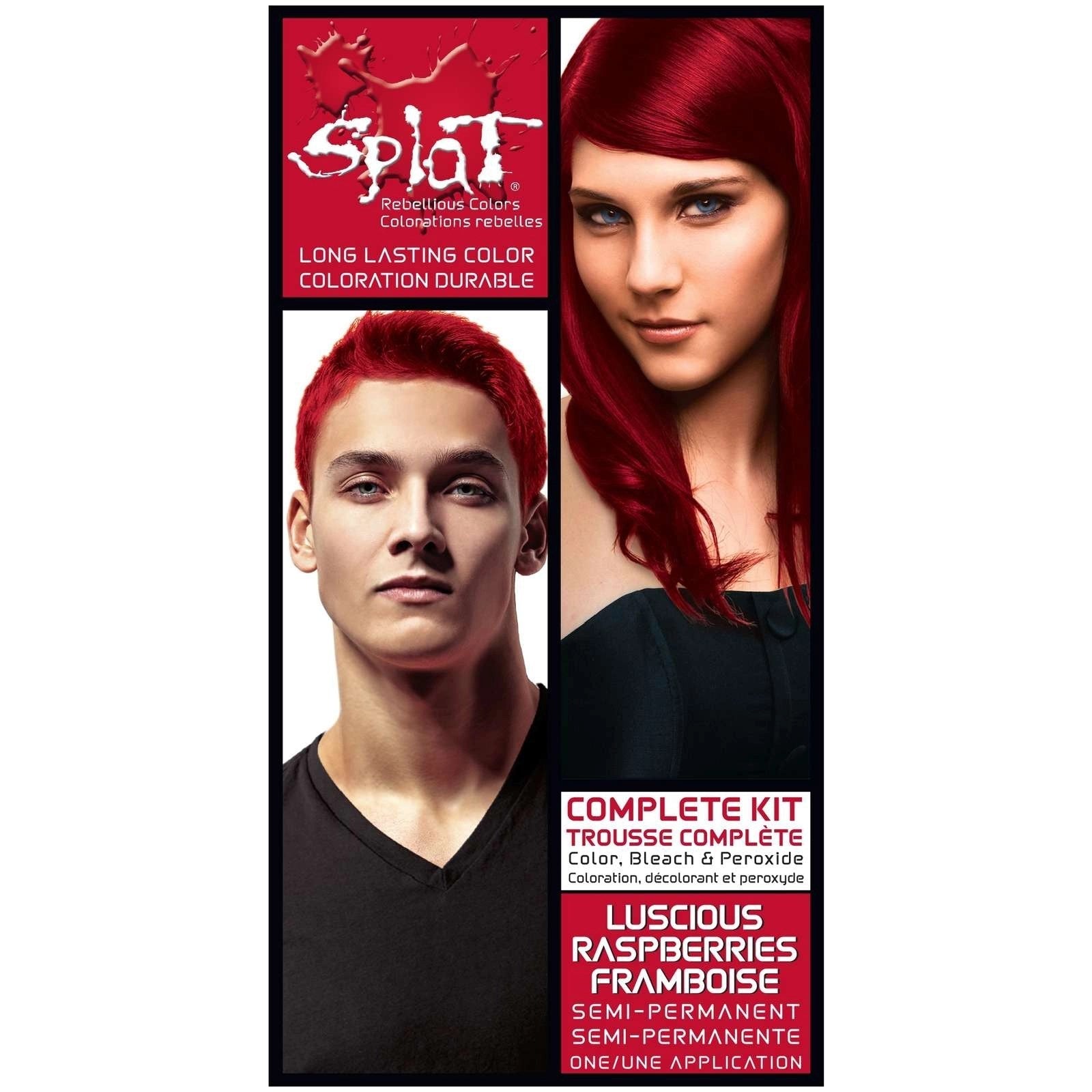 Splat Complete Kit Luscious Raspberries Hair Color by Pasteur Pharmacy, vibrant berry-hued hair dye kit with applicator bottles.