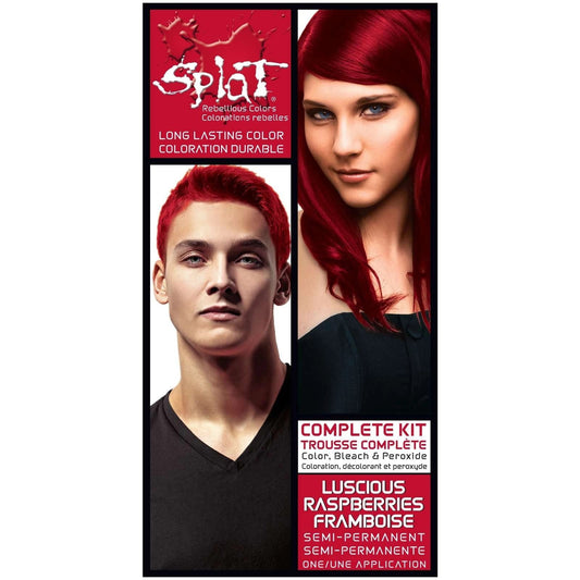 Splat Complete Kit Luscious Raspberries Hair Color by Pasteur Pharmacy, vibrant berry-hued hair dye kit with applicator bottles.