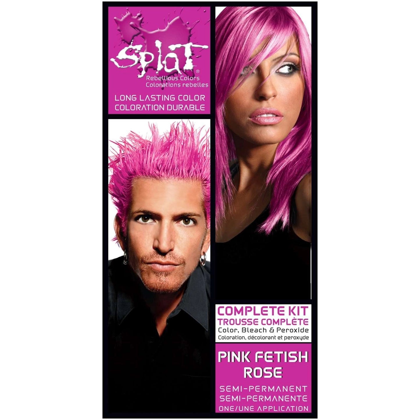 Splat Pink Fetish hair color kit with vibrant pink dye, applicator bottle, and styling accessories for bold hair color.