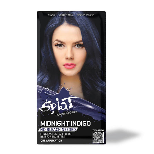 Semi-permanent Splat Midnight Indigo hair color kit from Pasteur Pharmacy, showing vibrant blue hair dye and application tools.