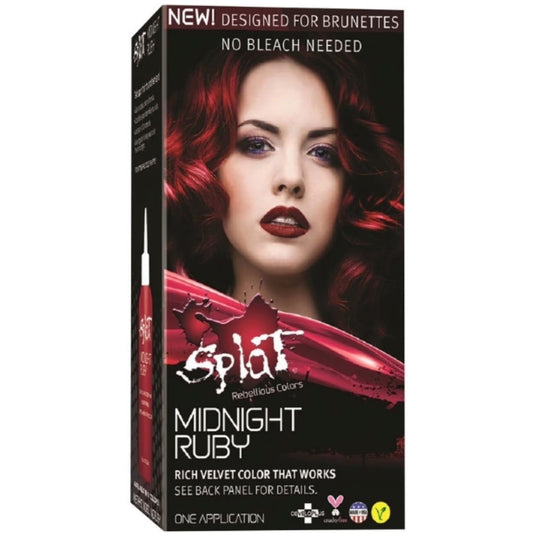 Semi-permanent Splat Midnight Ruby hair color kit from Pasteur Pharmacy with vibrant red and black shades for bold hair transformation.