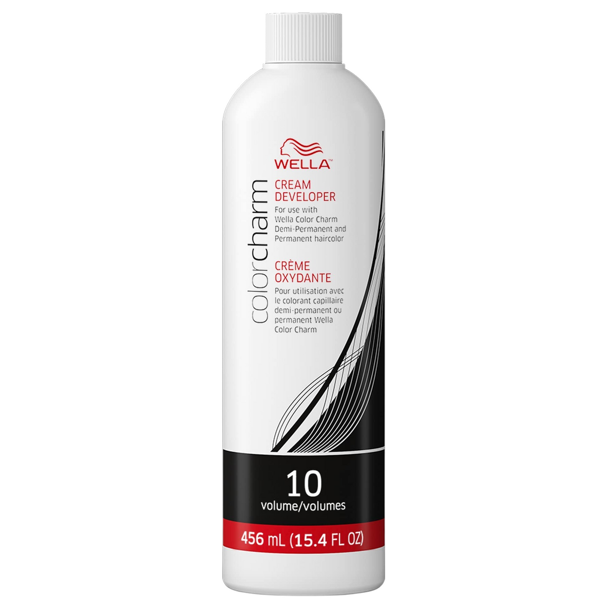 Wella Color Charm Cream Developer 10 Volume hair color developer in 15.4 oz bottle, used for hair coloring and highlighting.