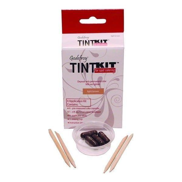 Godefroy Tint Kit Light Brown hair color kit with four applications, featuring hair dye and application tools by Pasteur Pharmacy.