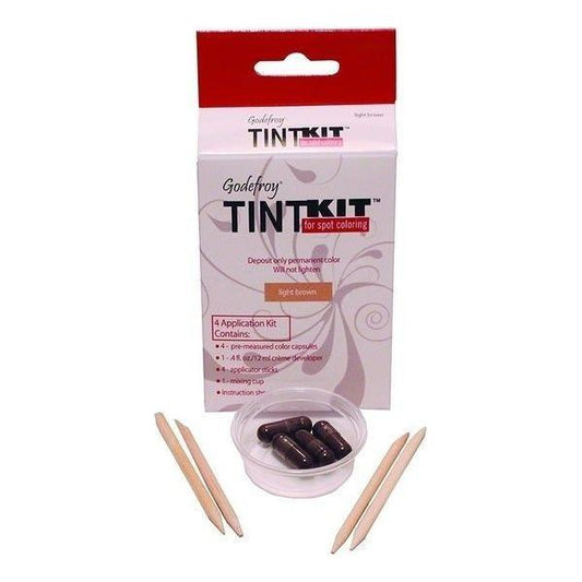 Godefroy Tint Kit Light Brown hair color kit with four applications, featuring hair dye and application tools by Pasteur Pharmacy.