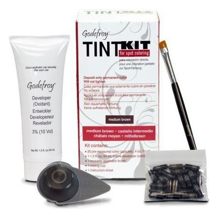 Godefroy Tint Kit Medium Brown hair color kit with 20 applications, featuring hair dye and applicator tools.