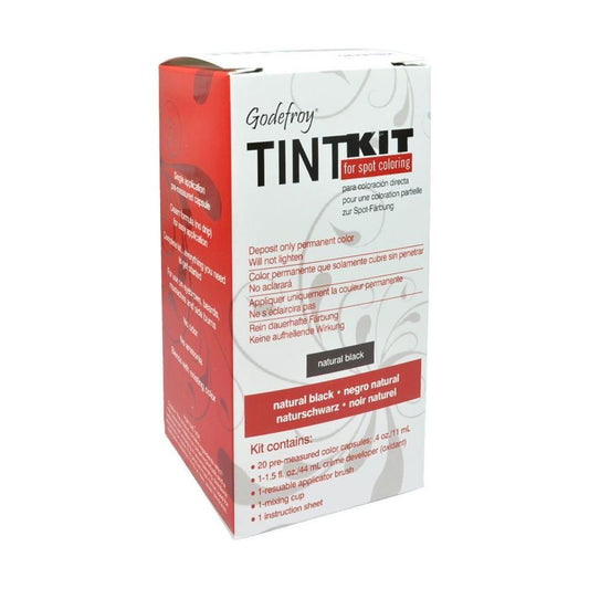 Godefroy Tint Kit Natural Black hair color kit by Pasteur Pharmacy with 20 applications, showing the kit components and instructions.