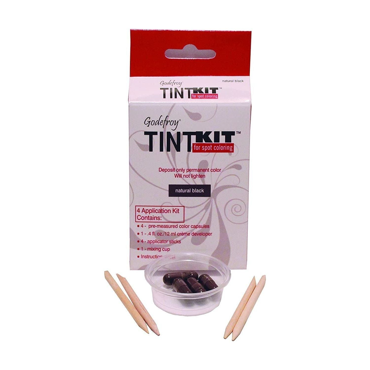 Godefroy Tint Kit Natural Black hair color kit by Pasteur Pharmacy with four applications, including applicator and mixing tools.