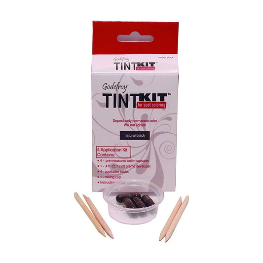 Godefroy Tint Kit Natural Black hair color kit by Pasteur Pharmacy with four applications, including applicator and mixing tools.