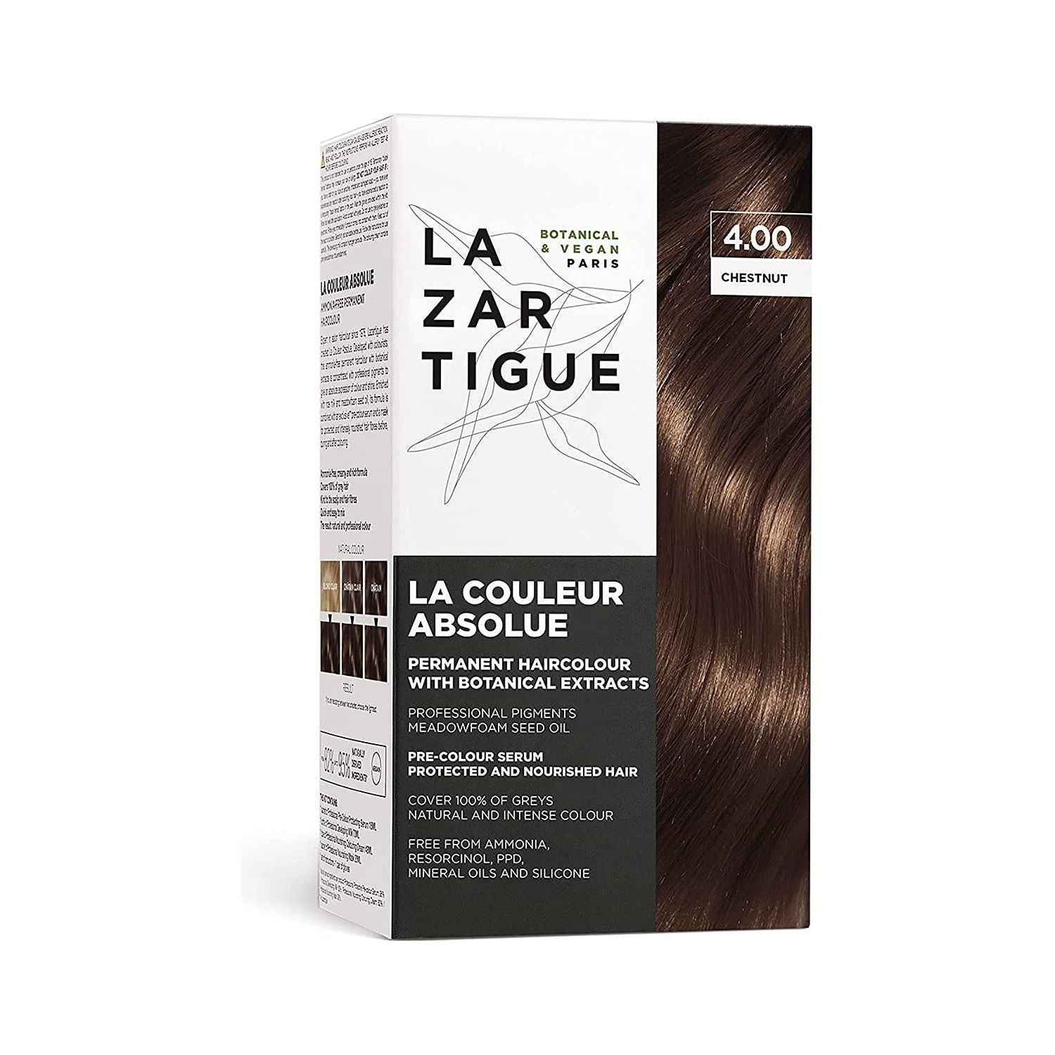 Lazartigue La Couleur Absolue permanent hair color kit in Light Chestnut with applicator and color tubes on a white background.