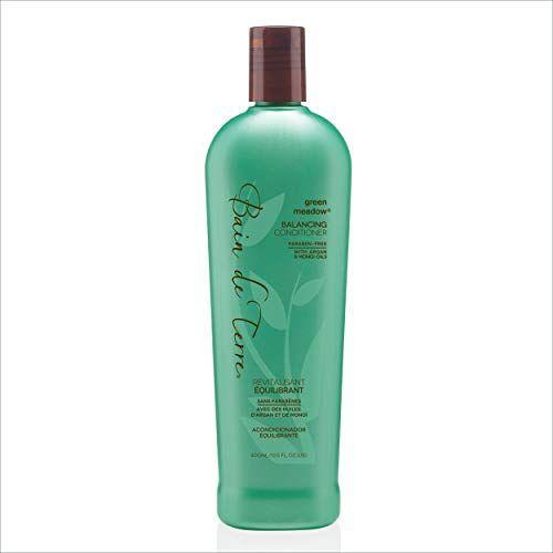 Bain De Terre Green Meadow Balancing Hair Conditioner 13.5 fl oz in a white bottle with green accents