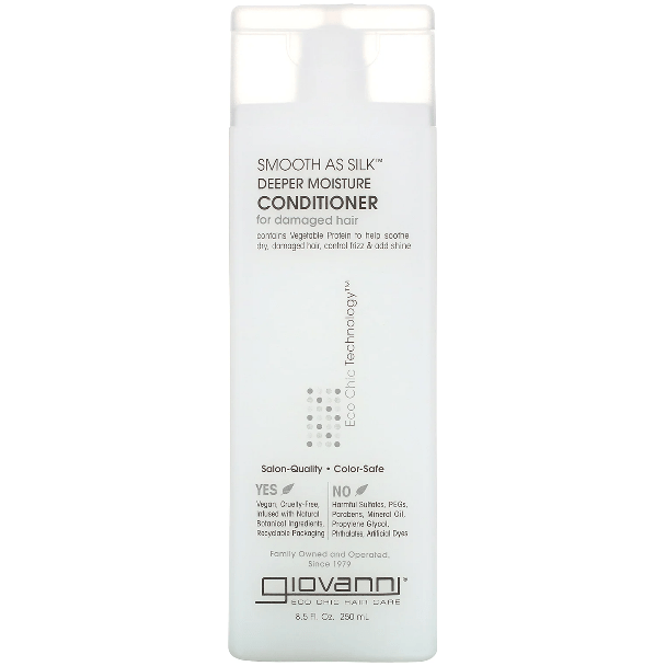 Giovanni Smooth as Silk Hair Conditioner 8.5 oz in a white bottle with a flip-top cap, designed for smooth, silky hair.