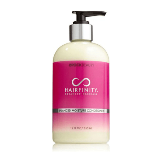 Hairfinity Balanced Moisture Conditioner in 12 oz bottle, natural hair care product by Pasteur Pharmacy with nourishing formula