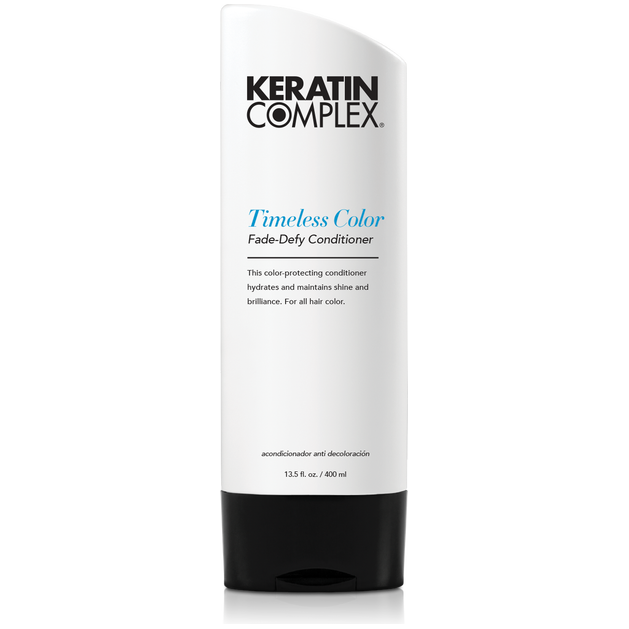 Keratin Complex Timeless Color Fade Defy Conditioner for hair, 400ml, with a sleek bottle and label display.