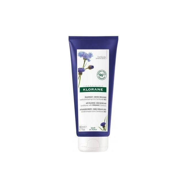 Klorane Anti-yellowing Hair Conditioner with Centaury in 200 ml bottle, designed to neutralize yellow tones and brighten blonde hair.