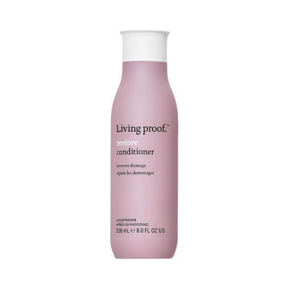 Living Proof Restore Conditioner 8 oz bottle, creamy hair conditioner for damaged hair, shown in a white and blue bottle.