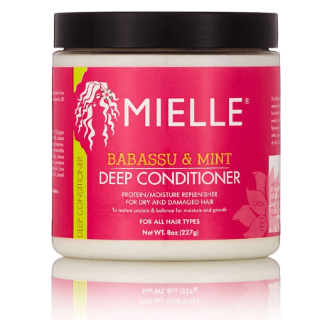 Mielle Organics Babassu Oil and Mint Deep Conditioner in 8 oz jar, nourishing hair conditioner with natural ingredients