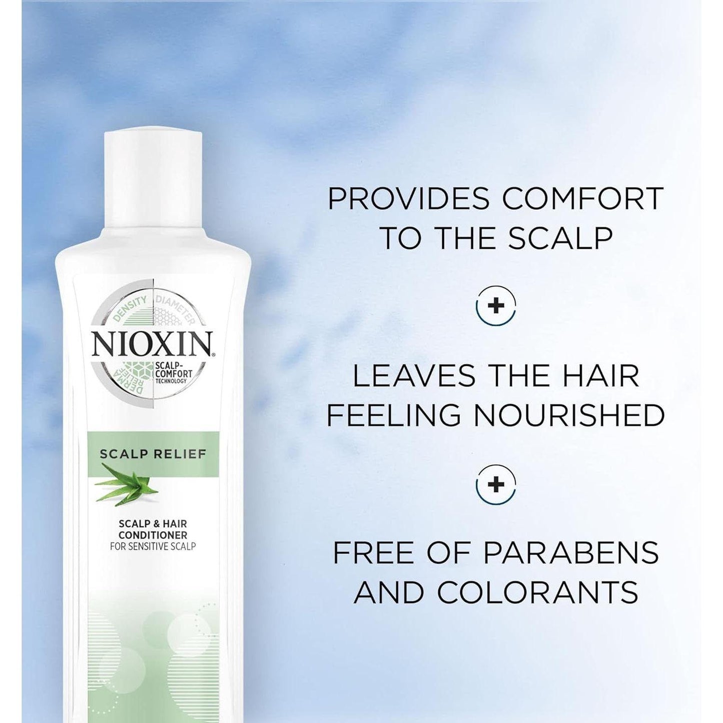Nioxin Scalp Relief Cleanser Conditioner for sensitive, dry, and itchy scalp, 6.7 oz, in a white bottle with a pump dispenser.