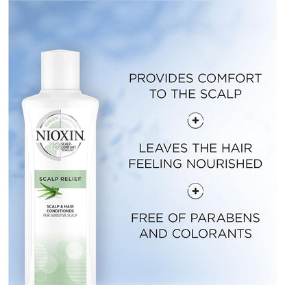 Nioxin Scalp Relief Cleanser Conditioner for sensitive, dry, and itchy scalp, 6.7 oz, in a white bottle with a pump dispenser.