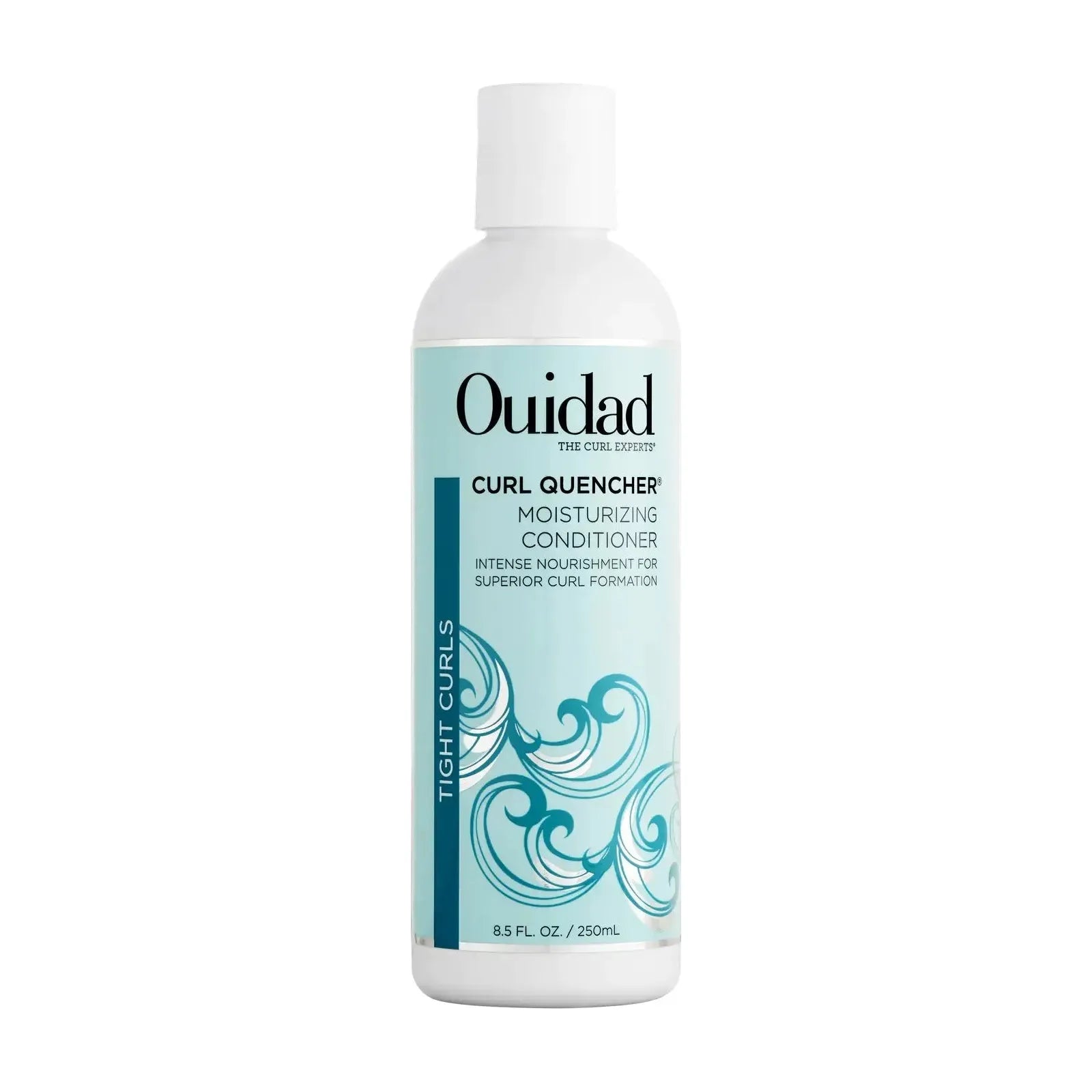 Ouidad Curl Quencher Moisturizing Conditioner in 8.5 oz bottle, smooth and hydrate curly hair, with white and blue packaging.
