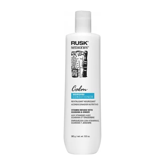 Rusk Sensories Calm Nourishing Hair Conditioner by Pasteur Pharmacy, vitamin-infused with guarana and ginger, 13.5oz bottle.