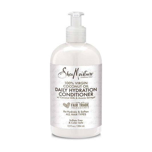 Shea Moisture Virgin Coconut Oil Daily Hydration Hair Conditioner in 384ml bottle, moisturizing and nourishing for healthy hair.