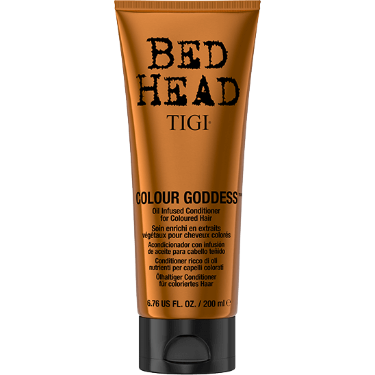 Tigi Bed Head Colour Goddess oil-infused conditioner 200ml for vibrant hair color and deep hydration, shown in a white bottle.