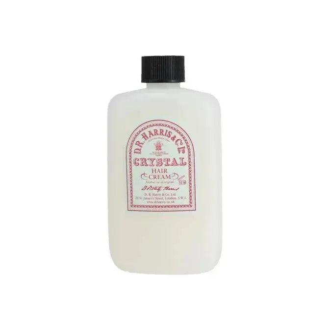 D.R. Harris & Co Crystal Hair Cream in a 100g plastic bottle, featuring a label with elegant branding and a transparent container.