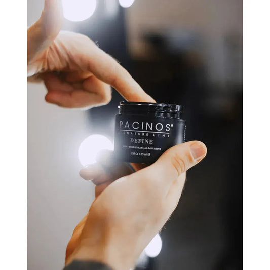 Pacinos Define Light Hold Hair Cream by Pasteur Pharmacy in a 2 oz jar, suitable for styling and shaping hair with a light hold.