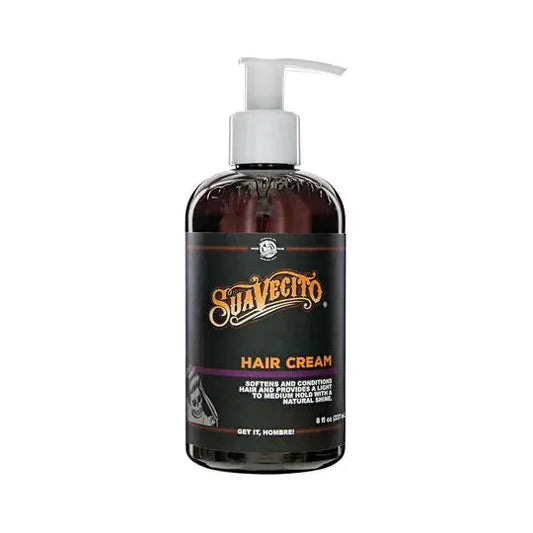 Suavecito Hair Cream in an 8 oz jar, styled with a lid, showcasing the product's packaging and branding.