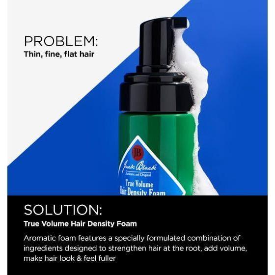Jack Black True Volume Hair Density Foam in 5 oz bottle, showing the foam applicator and product label for thicker, fuller hair.