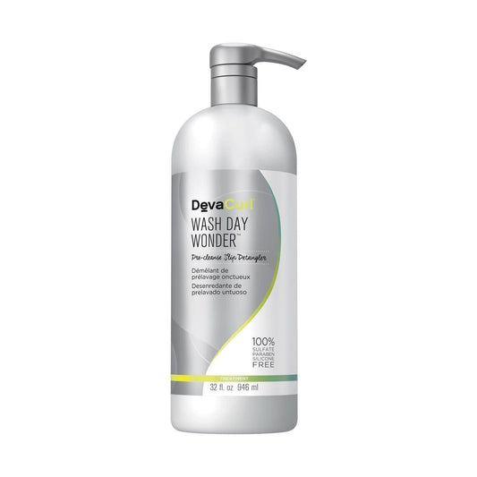 DevaCurl Wash Day Wonder Detangler in 32 oz bottle, a hair detangler product displayed with bottle and label visible.