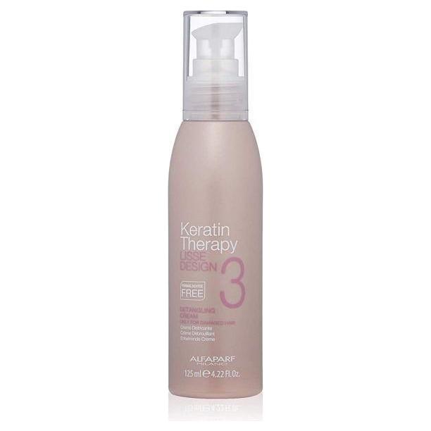 Alfaparf Lisse Design Keratin Therapy Hair Detangling Cream in 4.22 oz bottle, smooths and detangles hair.