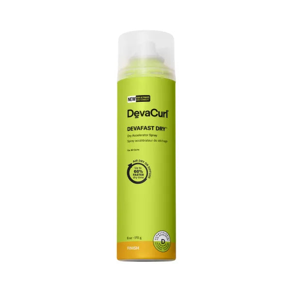 DevaCurl Devafast Dry Accelerator Spray 6 oz for quick-drying hair, shown in a spray bottle with a pump nozzle.