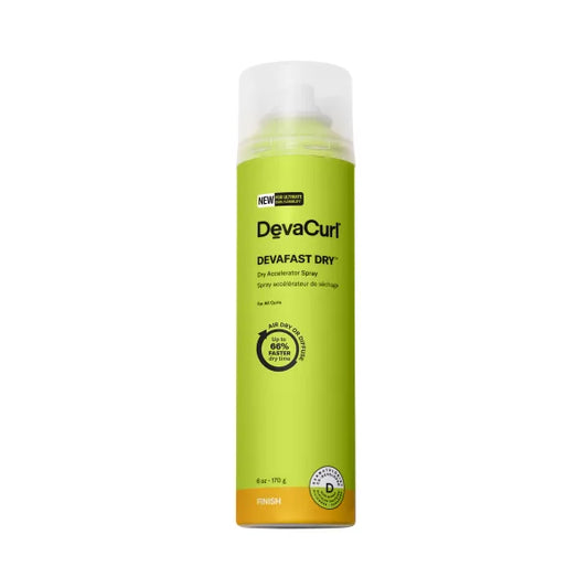 DevaCurl Devafast Dry Accelerator Spray 6 oz for quick-drying hair, shown in a spray bottle with a pump nozzle.