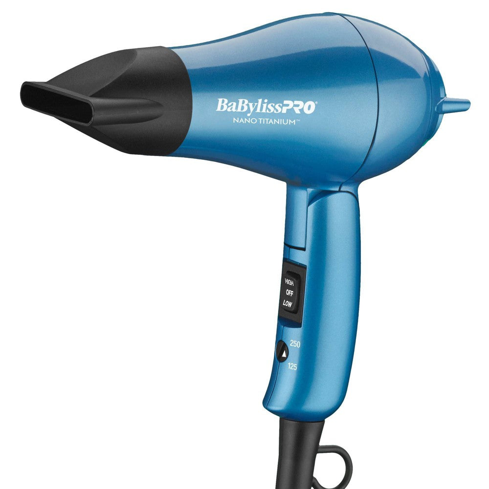Blue BaBylissPRO Nano Titanium travel hair dryer with 1000W power, compact design, and professional-grade hair drying performance.
